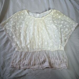 Vintage Mesh White Star Themed Cropped Top Lace Hem Women’s XS/S